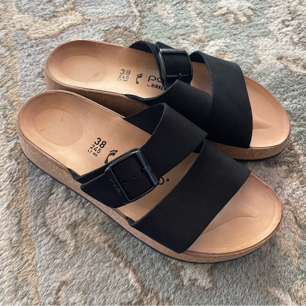 Papillio by Birkenstock Almina Women Size 38 US 7 N. Black Leather Slide Sandals